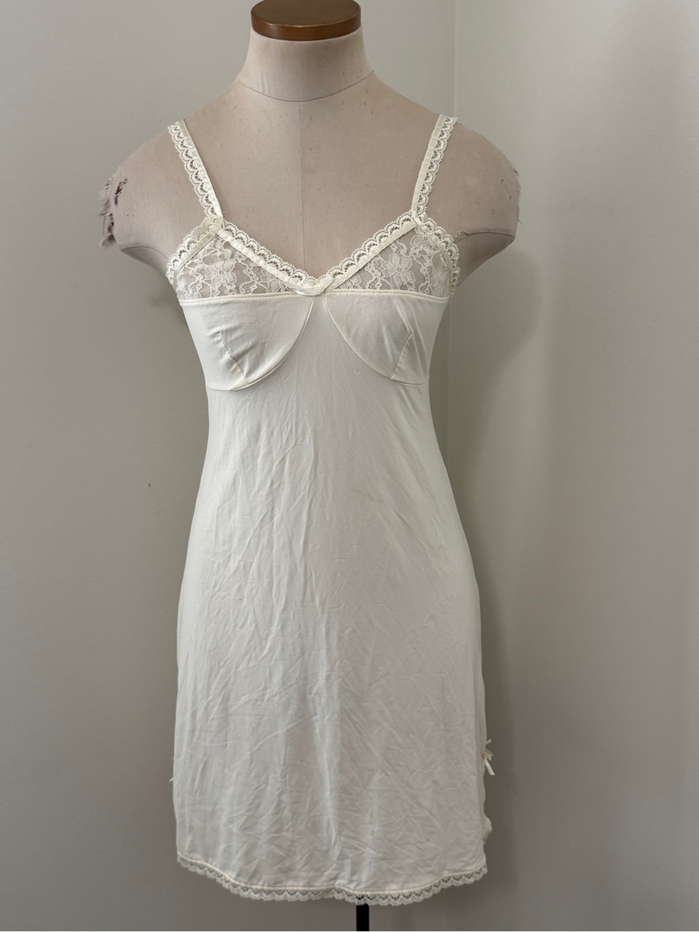 Eloise Small Cream Lace Trim Satin Slip Dress or Lingerie Night Gown